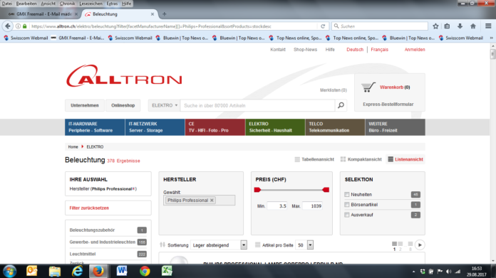 Screenshot von Alltron-Webseite mit Philips-Sortiment