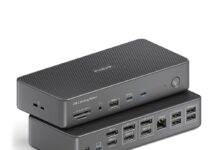 Alltron vertreibt Vuelogic-Dockingstations von PureLink Bis zu vier 4K-Bildschirme anschliessen, bis zu sieben Peripheriegeräte mit Strom versorgen, Audioausgang und Kartenleser eingebaut: VL-D230DL, das Flaggschiff der Vuelogic-Dockingstations von PureLink, lässt bezüglich Anschlussvielfalt und Einsatzmöglichkeiten kaum Wünsche offen (Alltron-Art.-Nr. 1658799, UVP 289.– Franken); Quelle: Alltron.