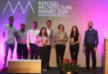 Energie sparen mit Aerogel Von links nach rechts: Thomas Bergmann, Samuel Brunner (Organisationsteam Empa), Michal Ganobjak (Organisator, Sekretär AAA), Lucia Boyerman (wissenschaftliche Assistentin Empa), Volker Herzog (Jury-Mitglied, Herzog Architektur), Annette Fest (Zweiter Platz, bodensteiner fest Architekten BDA), Chaima Mansour (wissenschaftliche Assistentin Empa), Jannis Wernery (Organisationsteam Empa).