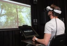 Grünflächen gegen den Stress Im AuraLab der Empa tauchten Probandinnen und Probanden mit einer VR-Brille in virtuelle Welten ein, um die erholsame Wirkung von Grünflächen zu untersuchen. Bild: Empa