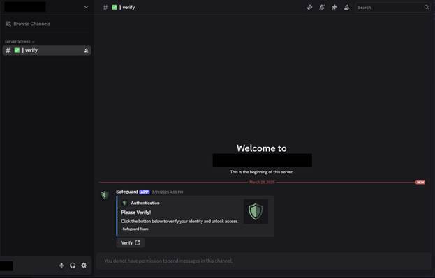 Ein gefälschter Discord-Server, zu dem der Nutzer umgeleitet wird, samt gefälschtem Chat-Bot zu Verifikation des Benutzerkontos (Check Point Software Technologies Ltd.).