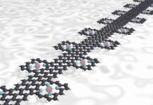 Wie EMPA die natürliche Verdrahtung gelungen ist Ein Graphen-Nanoband verbindet die Porphyrin-Moleküle, jedes davon mit einem Metallzentrum (rot), wie eine molekulare Lichterkette. Die Metallatome werden von vier Stickstoffatomen (blau) in der Mitte des Porphyrins gehalten. Bild: Empa