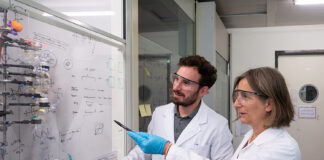 Wie bessere Feststoffakkus entstehen Dorina Opris (rechts) und Can Zimmerli haben die Silikon-Basis mit funktionalen Gruppen versehen, die das Polymer zu einem guten Ionenleiter machen, ohne ihm seine Elastizität zu nehmen. Bild: Empa