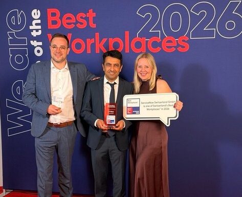 ServiceNow als einer der besten Schweizer Arbeitgeber 2026 ausgezeichnet Best Workplace 2026 ServiceNow v.l.n.r. Thomas Spillard, Mazyar Yosefi und Corinna Schumacher. Quelle: ServiceNow.