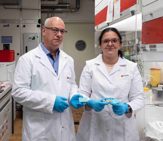 Terahertz-Strahlung für Satellitenkommunikation Erwin Hack, CTO von Lepto (links), und Elena Mavrona, CEO, entwickelten die Technologie ursprünglich im Rahmen eines Forschungsprojekts. Bild: Empa