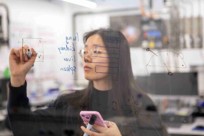 Die Empa-Forscherin Jimeng Wu hat mit einer virtuellen Maus eine Alternative zu Tierversuchen geschaffen: die KI-unterstützte Maus kann berechnen, welche Nanopartikel in die Lunge, die Nieren, die Leber und die Milz einer Maus gelangen und wo sie sich ansammeln. Bild: Empa